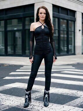 Poster Grl ✦ Black Ruched Halter Jumpsuit ✦ Keyhole Open Back Bodycon M NWT